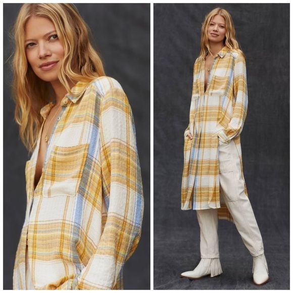 Pilcro for Anthropologie Side-Slit Maxi Tunic Buttondown Neutral Motif NWT Small - Picture 1 of 11